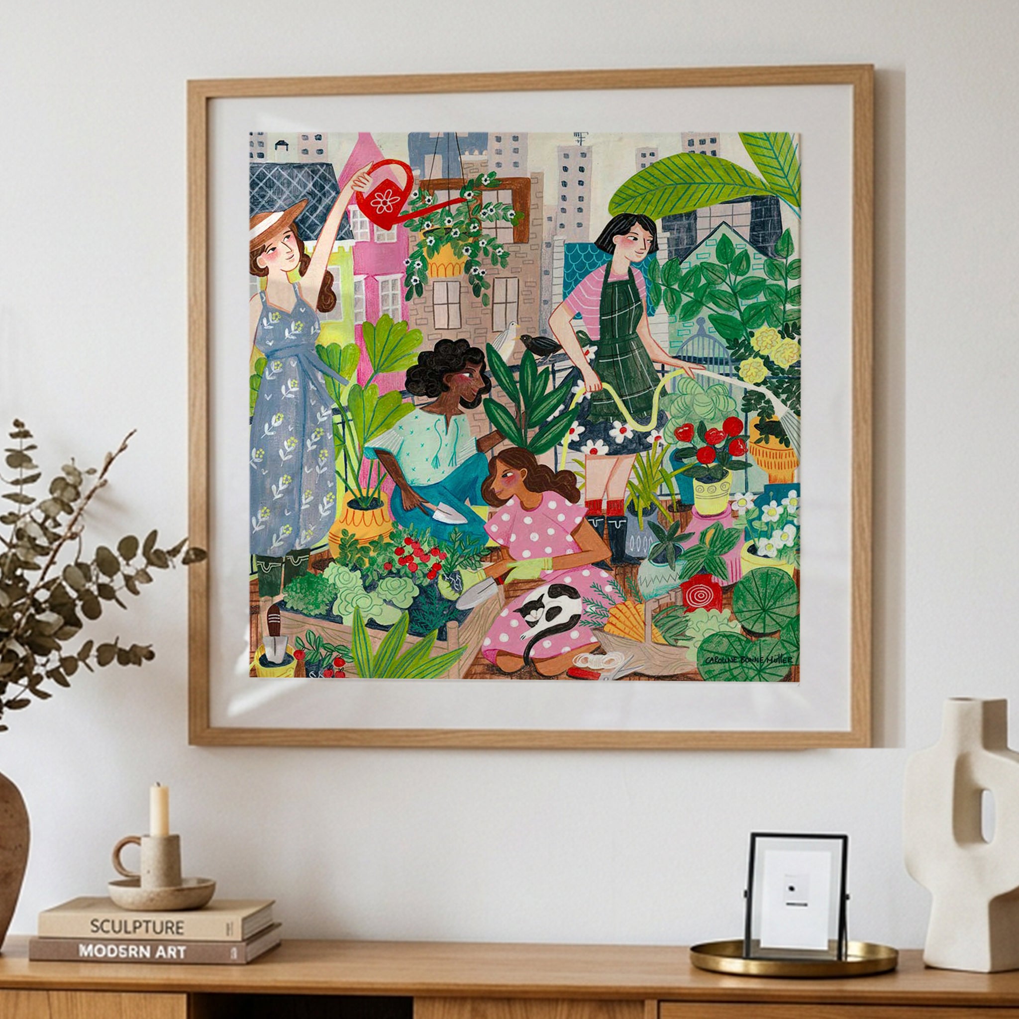 Illustration Kunstdruck von Frauen im urbanen Gewächshausgarten