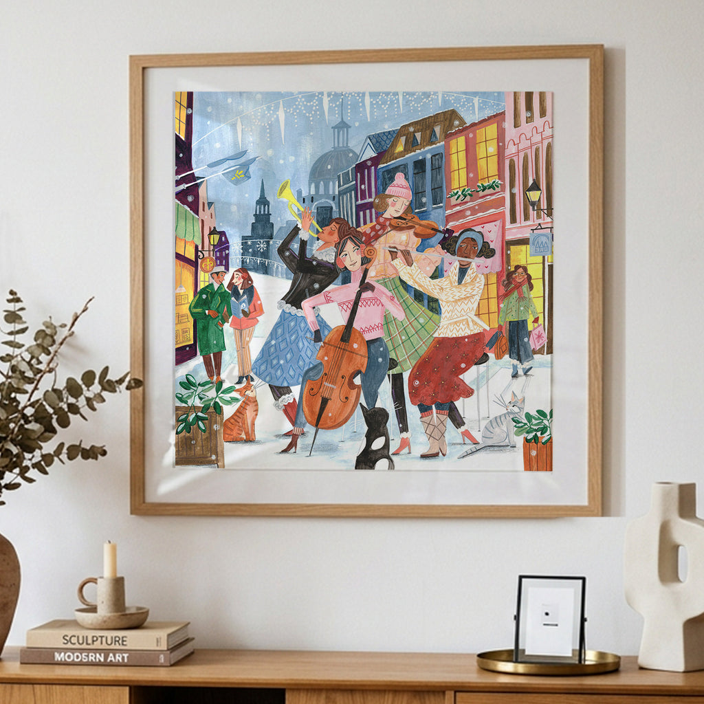Festliche Winter-Straßenmusiker-Illustration – Kunstdruck
