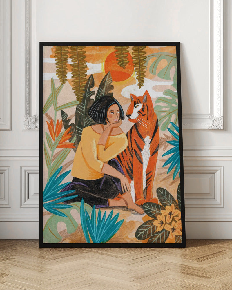 Frau und Tiger Tropischer Sonnenuntergang Illustrationsdruck