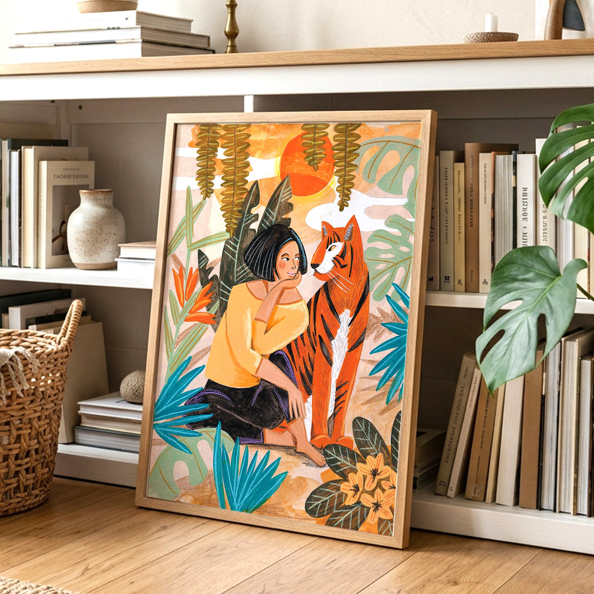 Frau und Tiger Tropischer Sonnenuntergang Illustrationsdruck