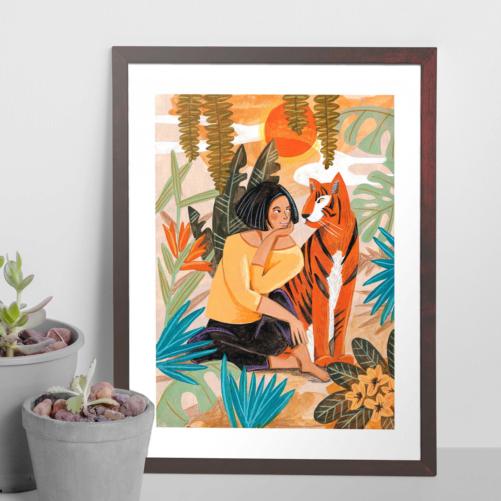 Frau und Tiger Tropischer Sonnenuntergang Illustrationsdruck