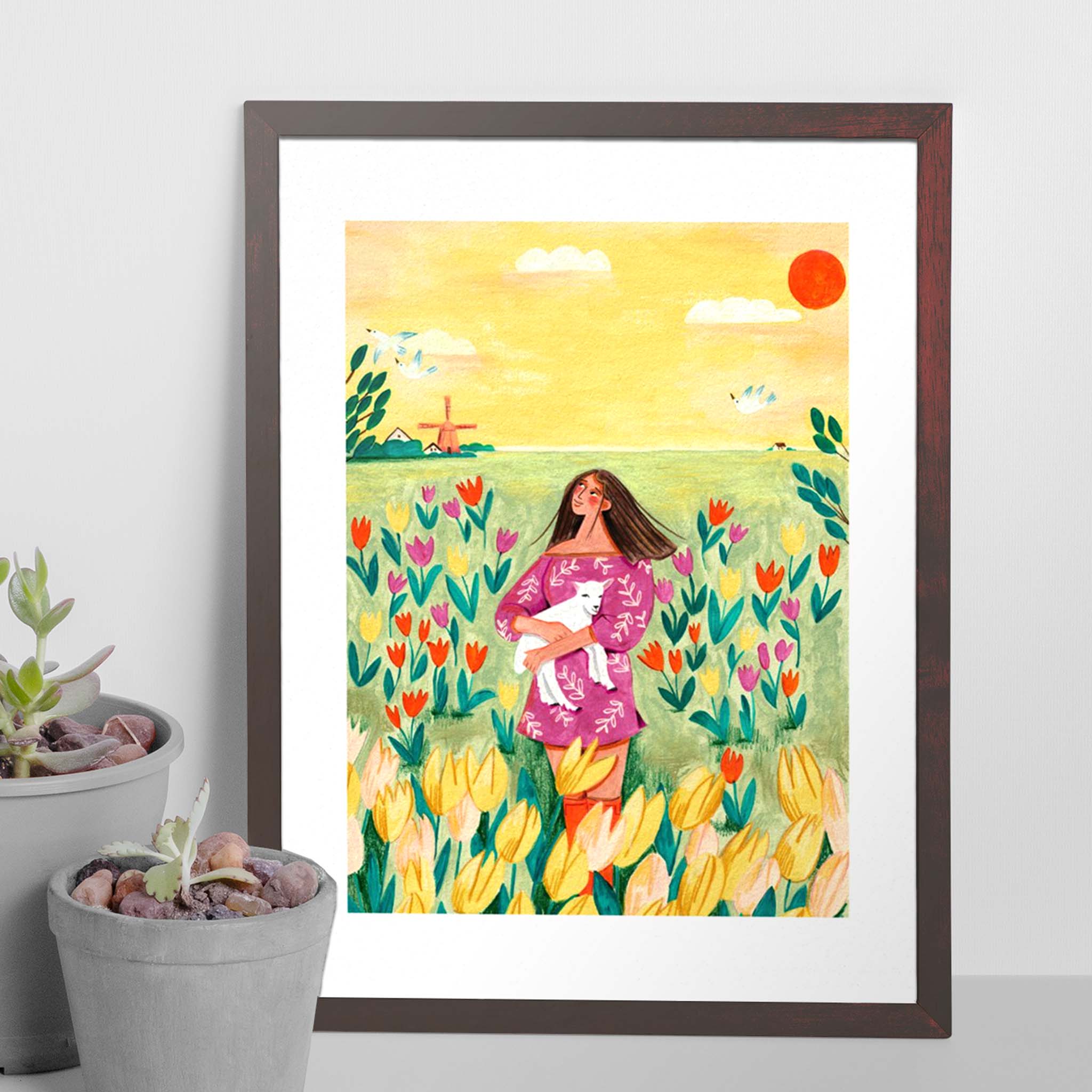 Tulpenfeld Frau mit Lamm Frühlingssonne Illustration