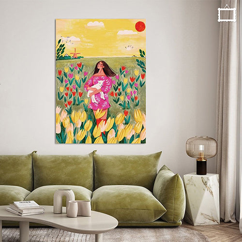 Tulpenfeld Frau mit Lamm Frühlingssonne Illustration