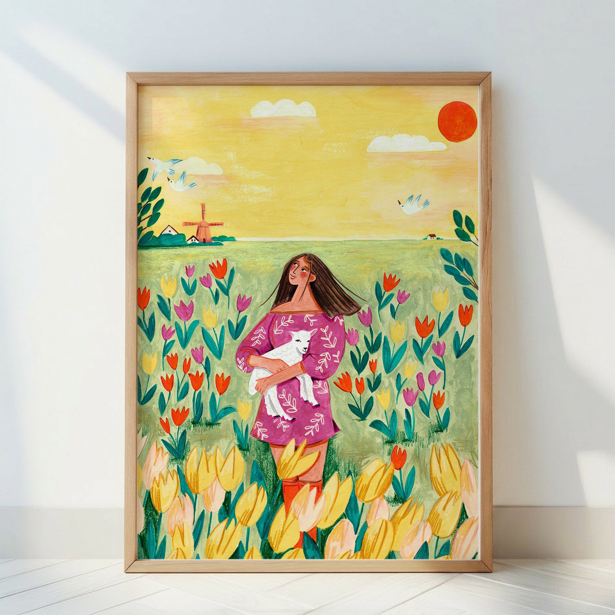 Tulpenfeld Frau mit Lamm Frühlingssonne Illustration