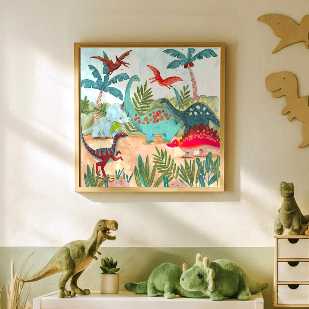Bunte Dinosaurier-Dschungel-Illustration Kinderzimmer Wandkunst