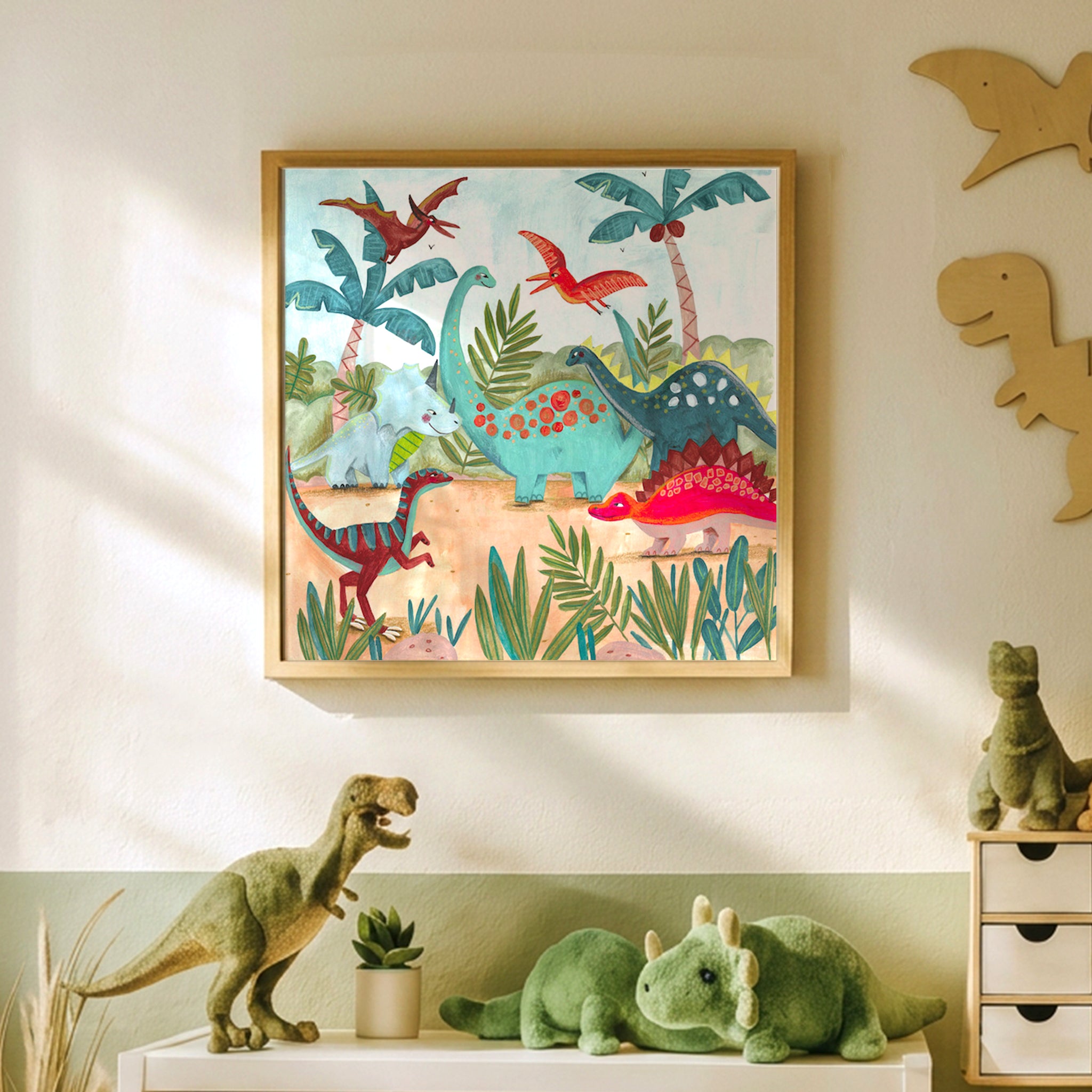 Bunte Dinosaurier-Dschungel-Illustration Kinderzimmer Wandkunst