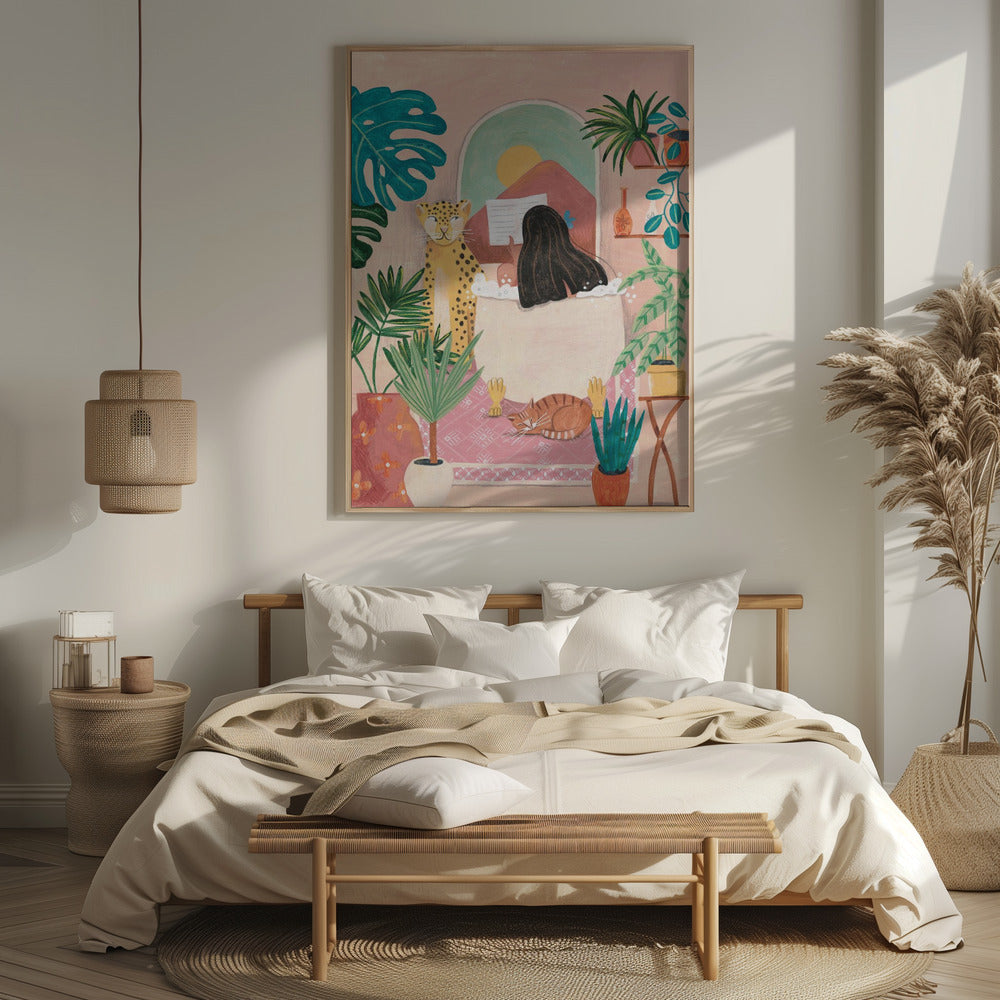 Lesende Frau Bad Leopard Tropische Sonnenuntergang Illustration