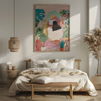 Lesende Frau Bad Leopard Tropische Sonnenuntergang Illustration