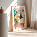 Lesende Frau Bad Leopard Tropische Sonnenuntergang Illustration