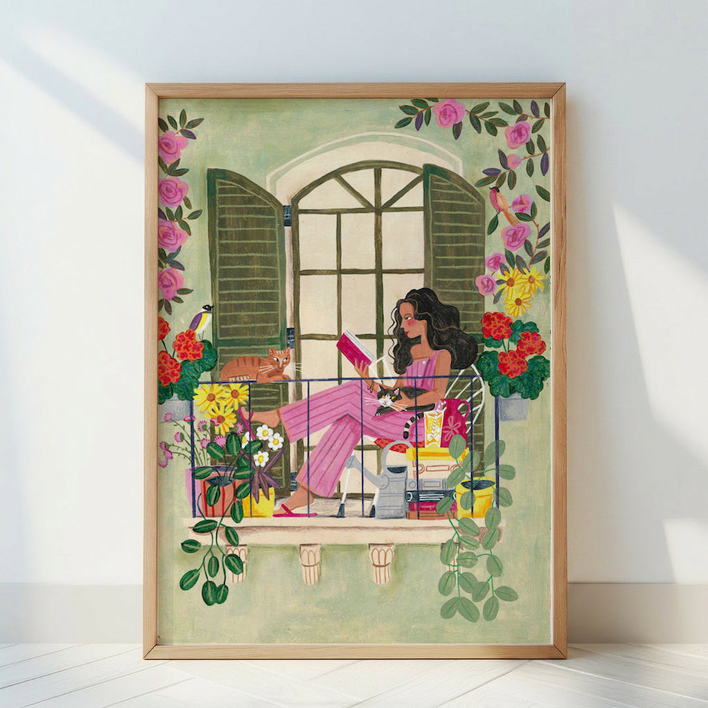 Woman Reading on Floral Balcony Cozy Illustration Art Print
