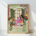 Woman Reading on Floral Balcony Cozy Illustration Art Print