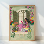 Woman Reading on Floral Balcony Cozy Illustration Art Print