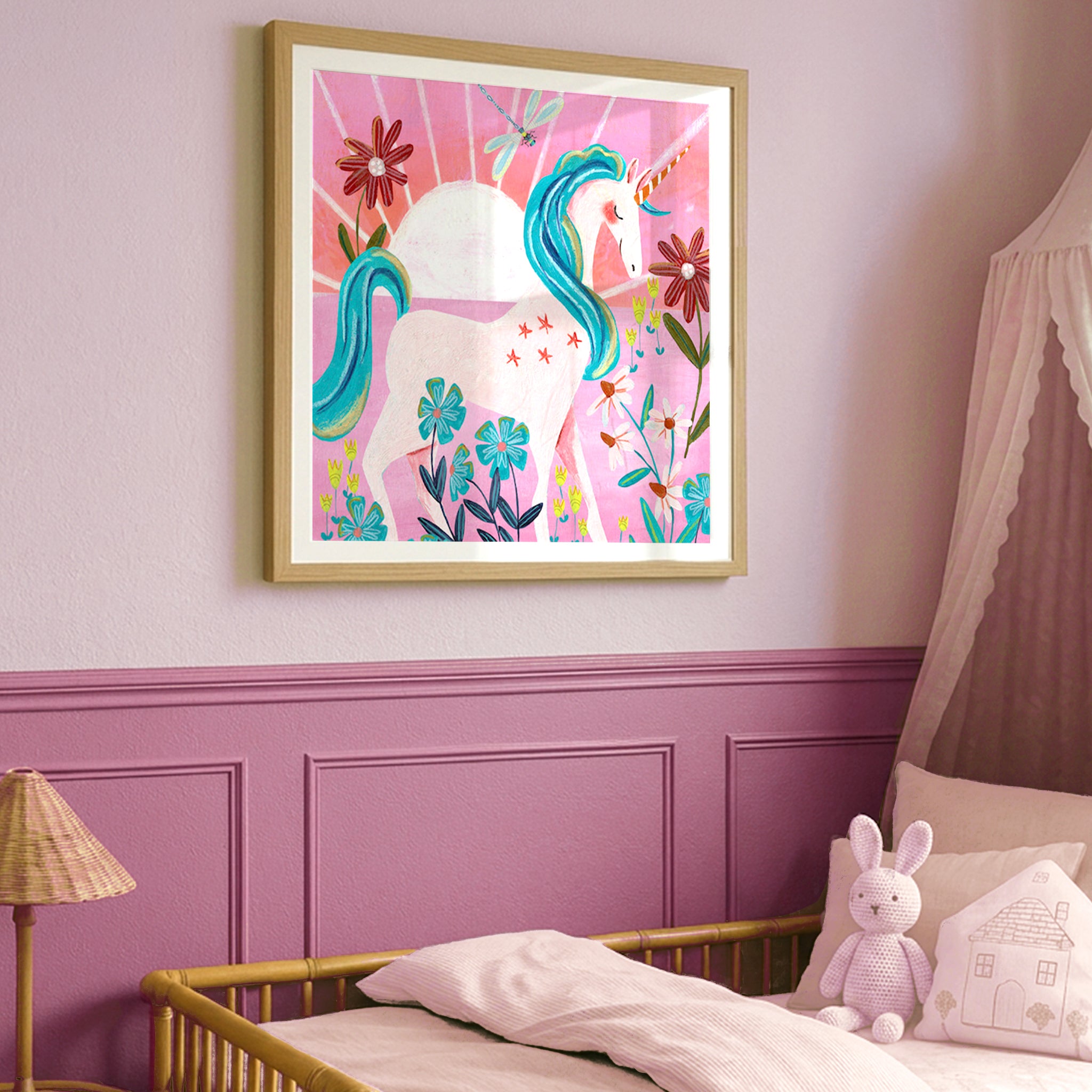Pinkes Einhorn-Sonnenschein-Illustration Magische Kinderzimmer-Wandkunst