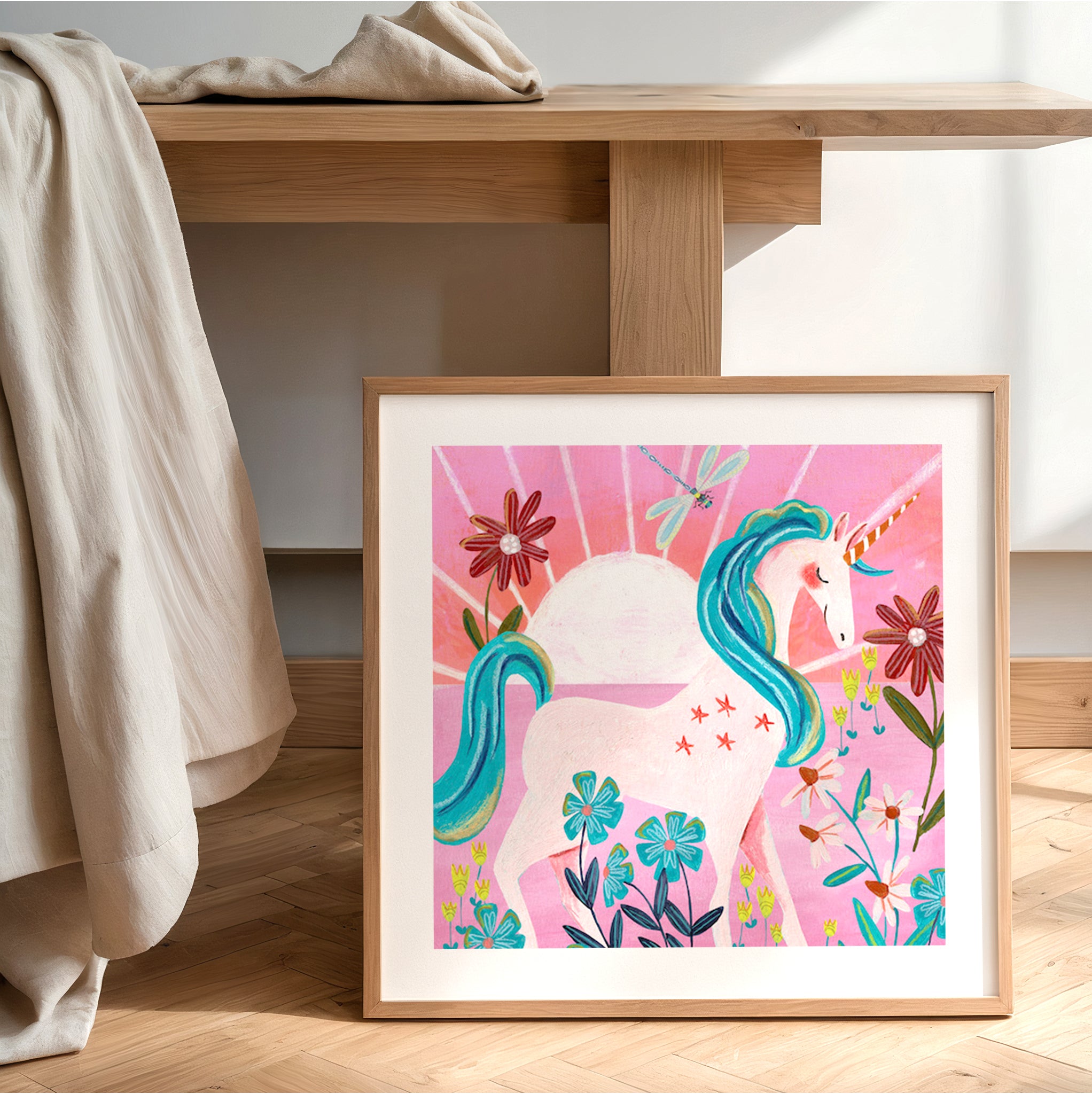 Pinkes Einhorn-Sonnenschein-Illustration Magische Kinderzimmer-Wandkunst