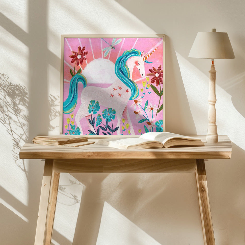 Pinkes Einhorn-Sonnenschein-Illustration Magische Kinderzimmer-Wandkunst