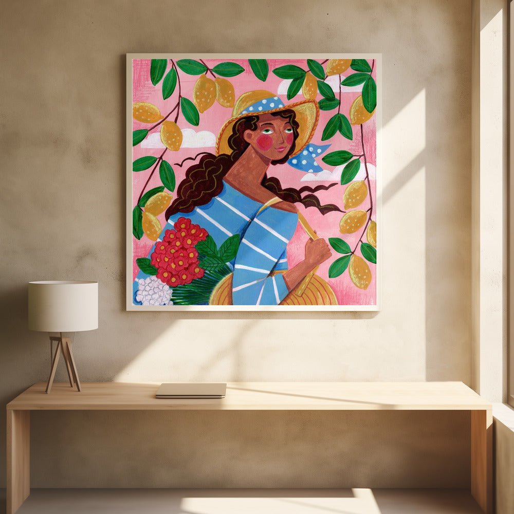 Mediterranean Lemon Lady Floral Summer Illustration Poster