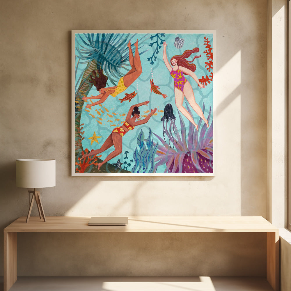 Frauen schwimmen unter Wasser Kunstdruck | Farbenfrohe Ozean-Illustration