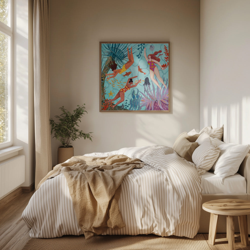 Frauen schwimmen unter Wasser Kunstdruck | Farbenfrohe Ozean-Illustration