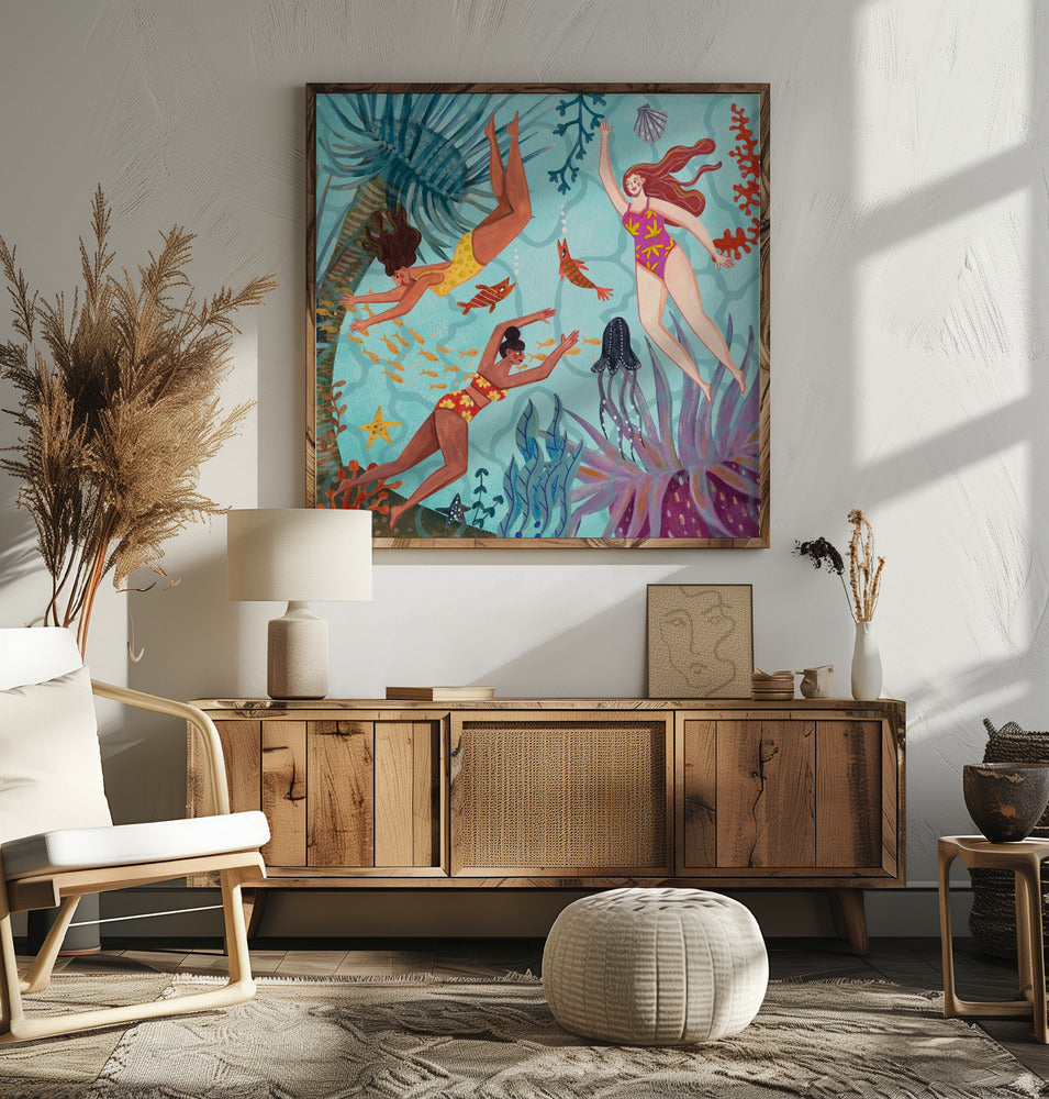 Frauen schwimmen unter Wasser Kunstdruck | Farbenfrohe Ozean-Illustration