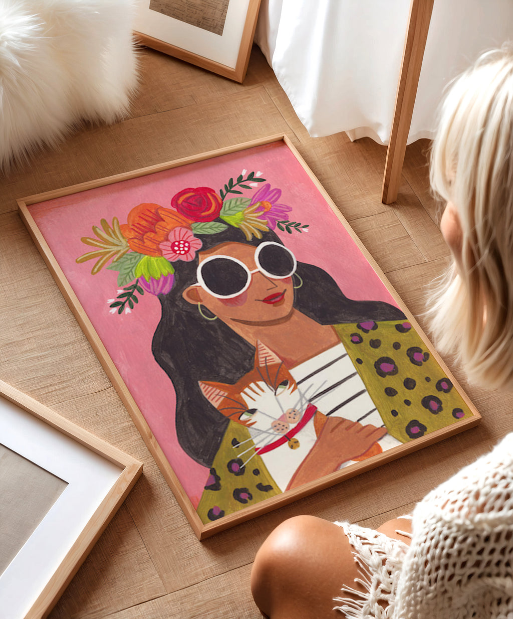 Woman with Flower Crown Sunglasses Cat Portrait Illustration Art Print