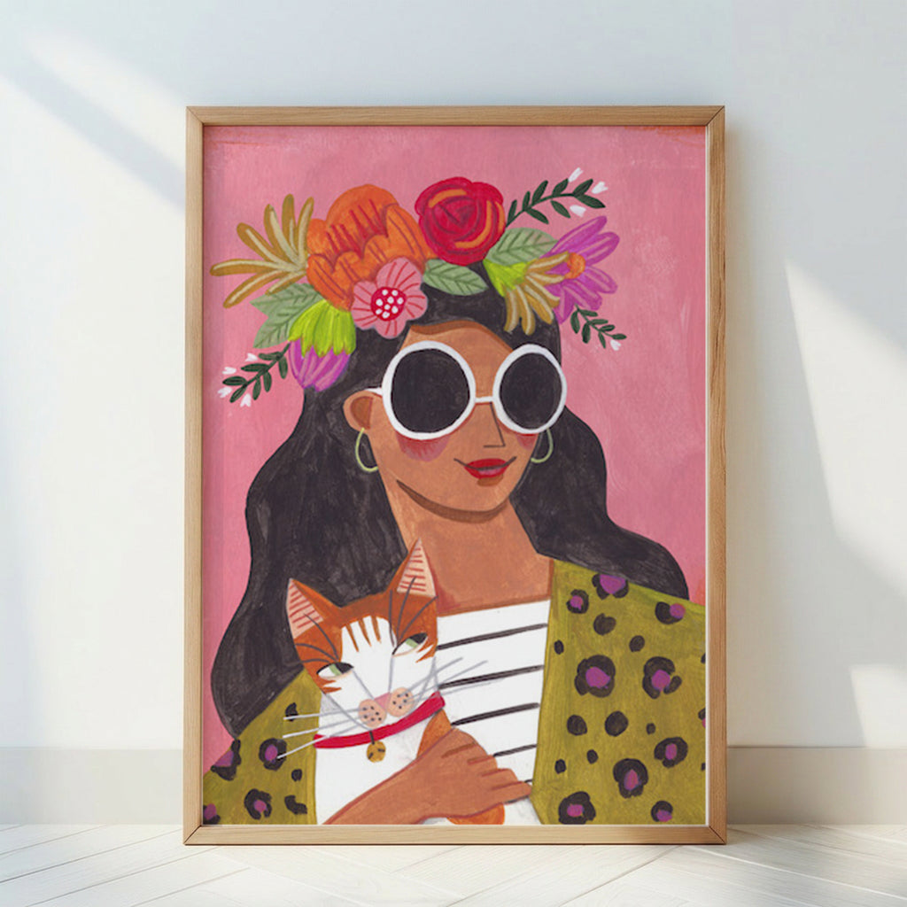 Woman with Flower Crown Sunglasses Cat Portrait Illustration Art Print