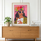 Woman with Flower Crown Sunglasses Cat Portrait Illustration Art Print