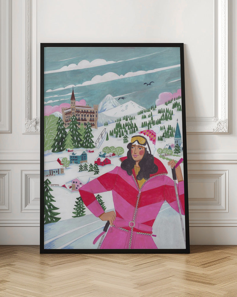 Frau beim Skifahren in alpiner Dorf-Winterlandschaft Illustration