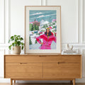 Woman Skiing Alpine Village Winter Landscape Illustration Art Print