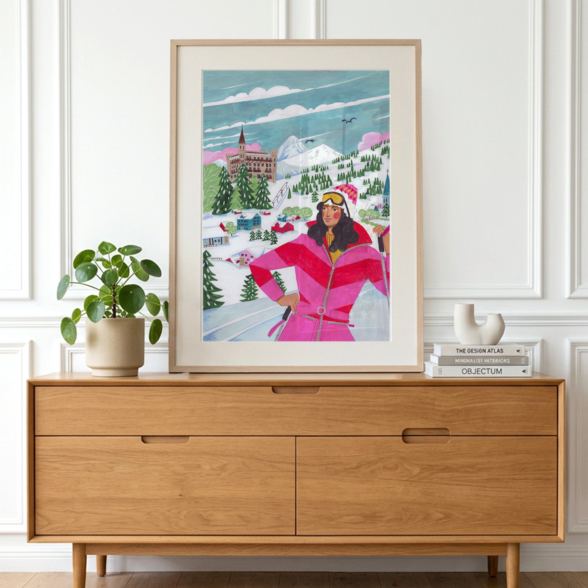 Frau beim Skifahren in alpiner Dorf-Winterlandschaft Illustration