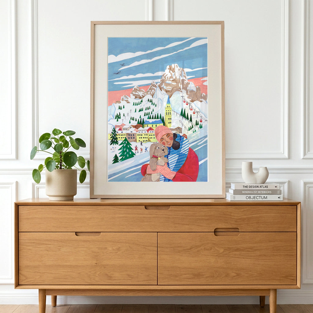 Frau mit Hund im alpinen Skigebiet Winterillustration