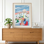 Frau mit Hund im alpinen Skigebiet Winterillustration
