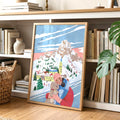 Frau mit Hund im alpinen Skigebiet Winterillustration