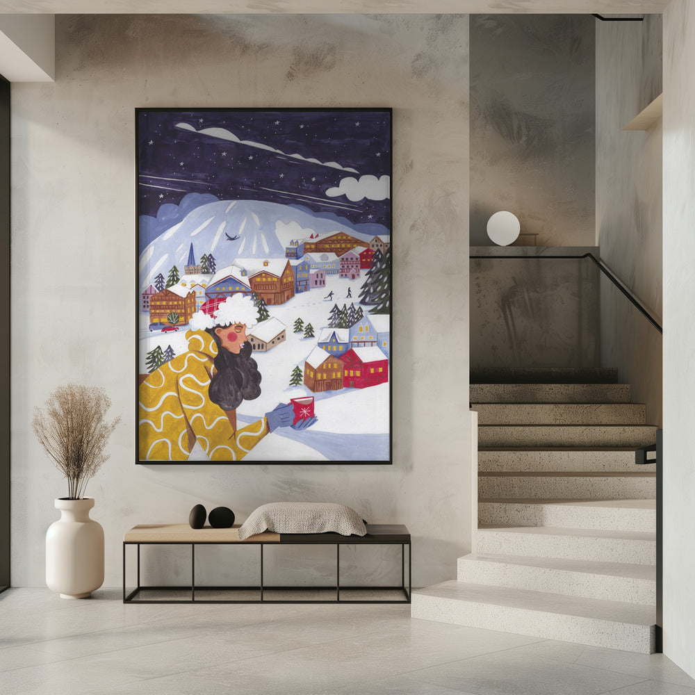 Gemütliche Alpine Winterdorf Nacht Frau Schnee Illustration