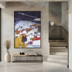 Gemütliche Alpine Winterdorf Nacht Frau Schnee Illustration