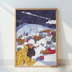 Gemütliche Alpine Winterdorf Nacht Frau Schnee Illustration