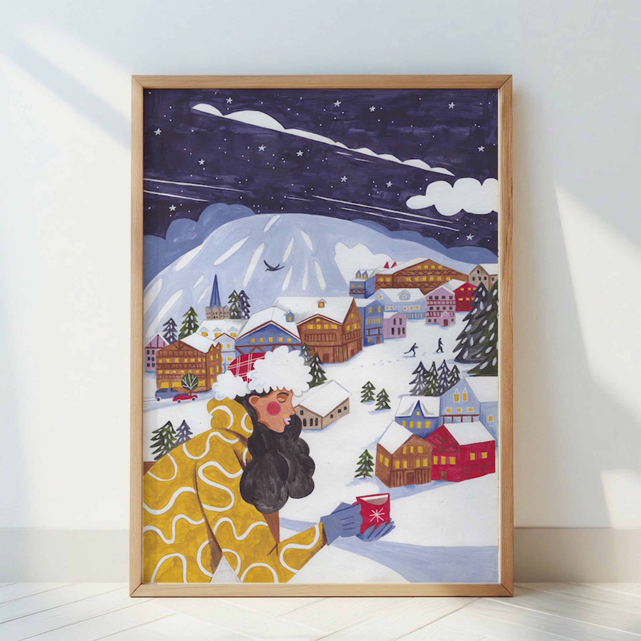 Gemütliche Alpine Winterdorf Nacht Frau Schnee Illustration