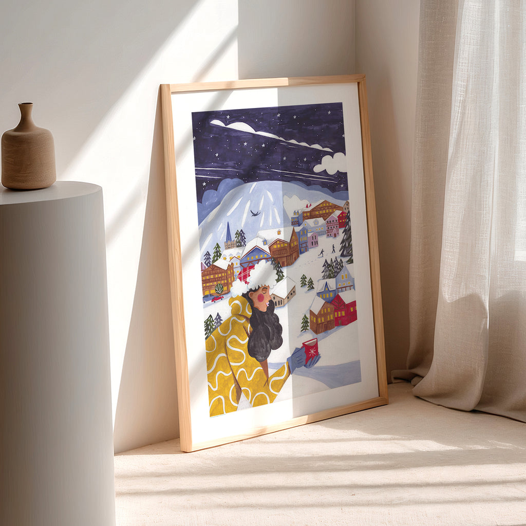 Gemütliche Alpine Winterdorf Nacht Frau Schnee Illustration