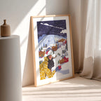Gemütliche Alpine Winterdorf Nacht Frau Schnee Illustration