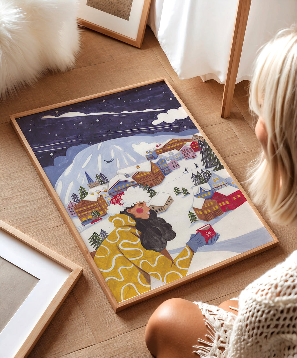 Gemütliche Alpine Winterdorf Nacht Frau Schnee Illustration