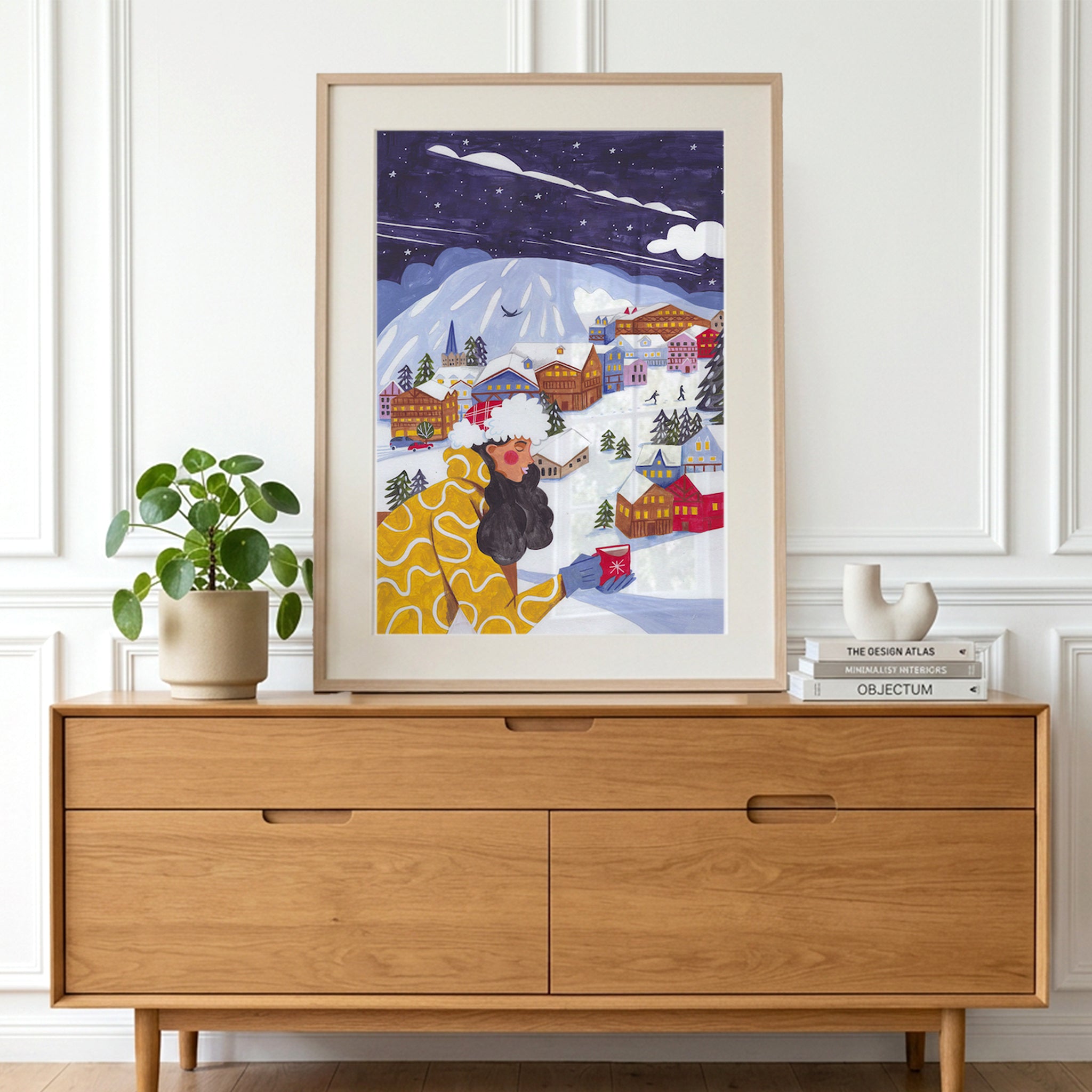 Gemütliche Alpine Winterdorf Nacht Frau Schnee Illustration