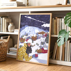 Gemütliche Alpine Winterdorf Nacht Frau Schnee Illustration