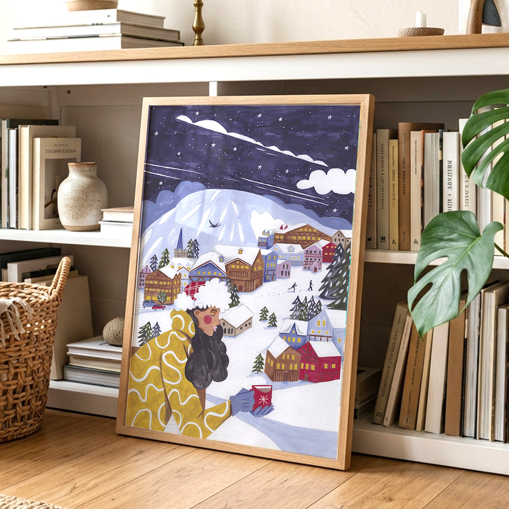 Gemütliche Alpine Winterdorf Nacht Frau Schnee Illustration
