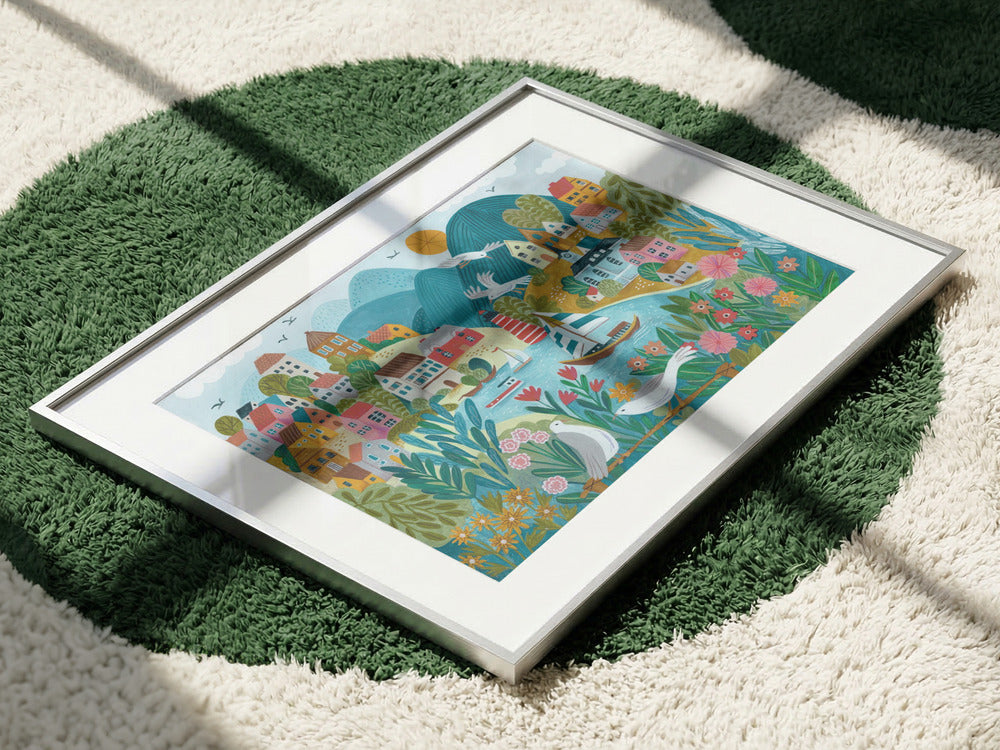 Coastal Village Art Print | Whimsical Seaside Landscape Illustration