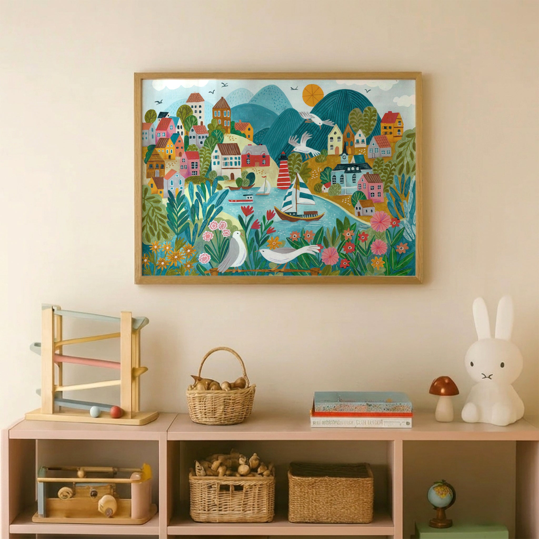 Coastal Village Art Print | Whimsical Seaside Landscape Illustration