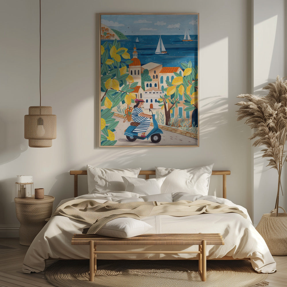 Mediterranean Lemon Coast Scooter Art Print | Riviera Travel Illustration