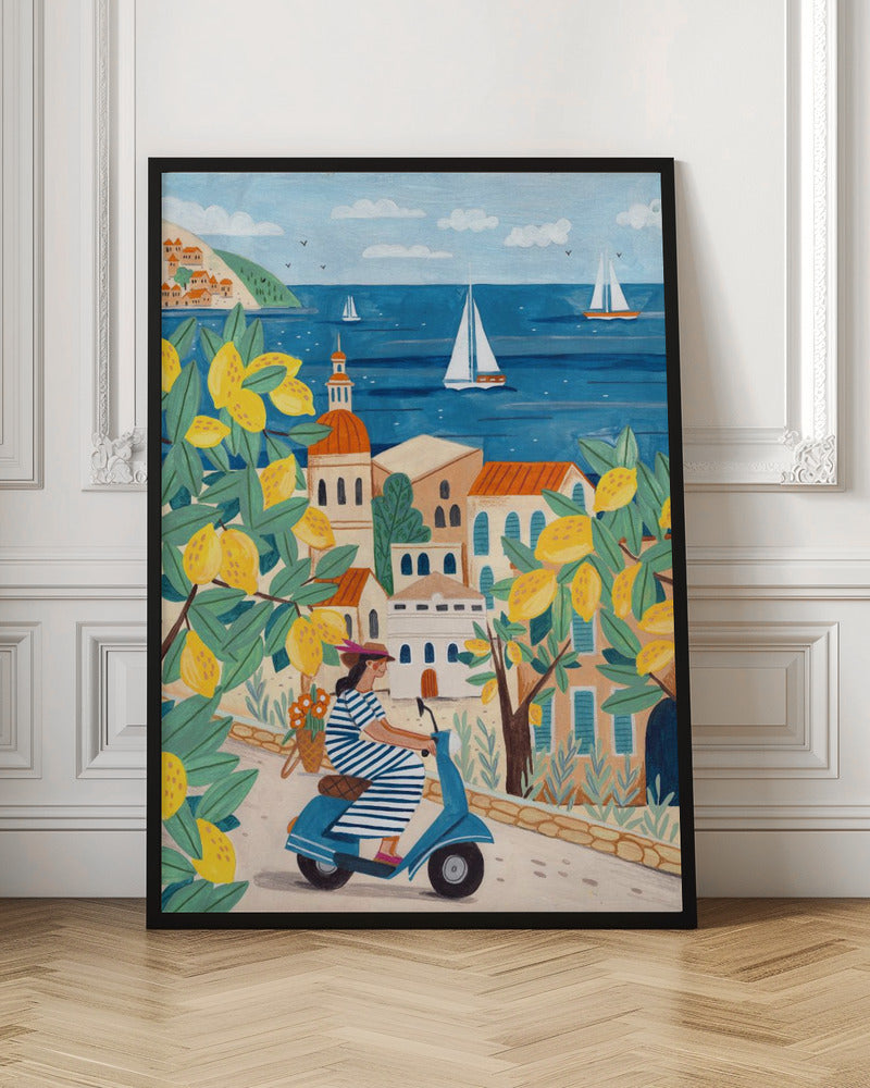 Mediterranean Lemon Coast Scooter Art Print | Riviera Travel Illustration