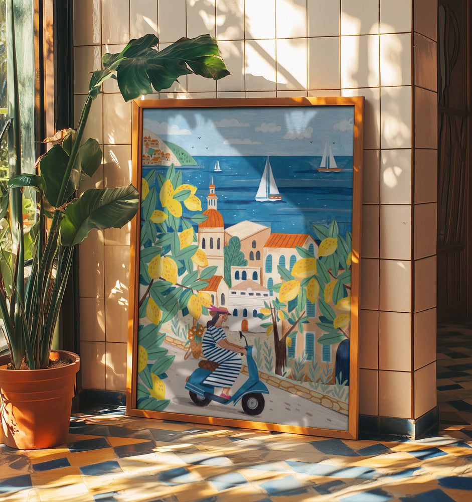 Mediterranean Lemon Coast Scooter Art Print | Riviera Travel Illustration