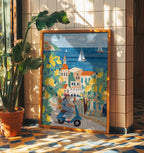 Mediterranean Lemon Coast Scooter Art Print | Riviera Travel Illustration