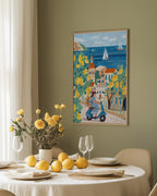 Mediterranean Lemon Coast Scooter Art Print | Riviera Travel Illustration