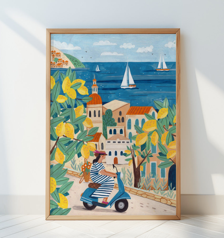 Mediterranean Lemon Coast Scooter Art Print | Riviera Travel Illustration